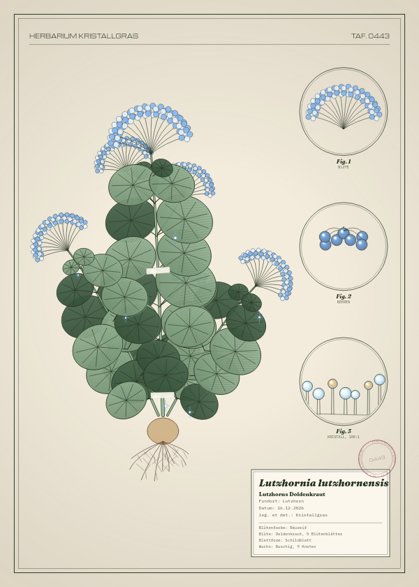 Botanische Tafel: Lutzhornia lutzhornensis, eine erfundene Pflanze aus Lutzhorn, gezeichnet wie in einem alten Pflanzenatlas