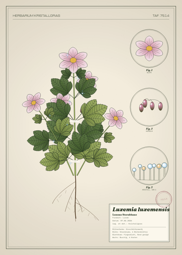 Botanische Tafel: Luxemia luxemensis, eine erfundene Pflanze aus Luxem, gezeichnet wie in einem alten Pflanzenatlas