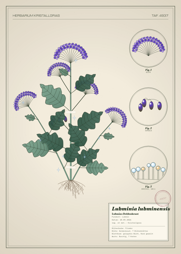 Botanische Tafel: Lubminia lubminensis, eine erfundene Pflanze aus Lubmin, gezeichnet wie in einem alten Pflanzenatlas