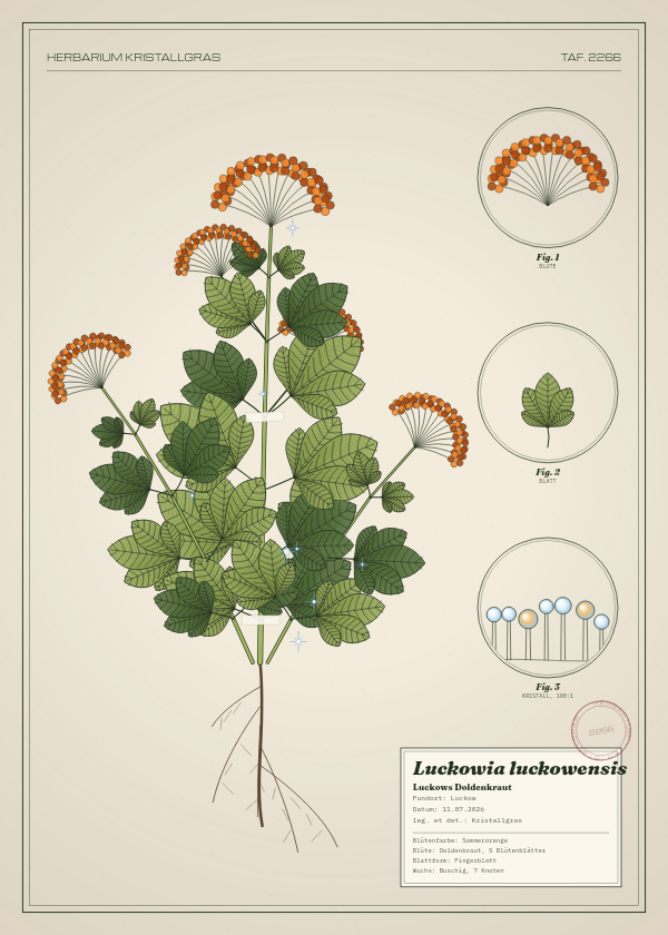 Botanische Tafel: Luckowia luckowensis, eine erfundene Pflanze aus Luckow, gezeichnet wie in einem alten Pflanzenatlas