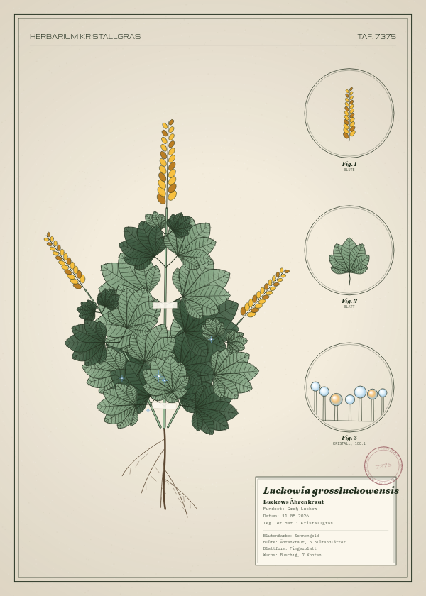 Botanische Tafel: Luckowia grossluckowensis, eine erfundene Pflanze aus Groß Luckow, gezeichnet wie in einem alten Pflanzenatlas