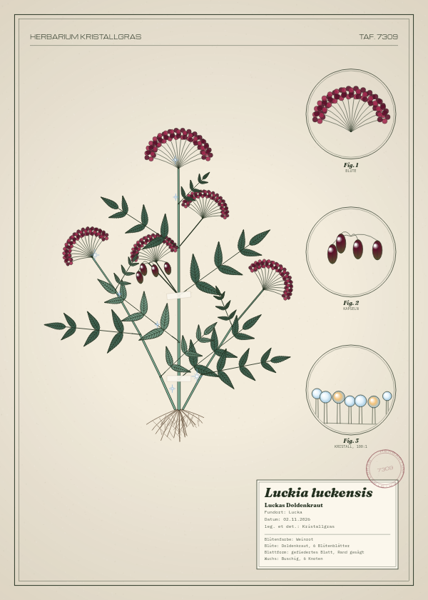 Botanische Tafel: Luckia luckensis, eine erfundene Pflanze aus Lucka, gezeichnet wie in einem alten Pflanzenatlas