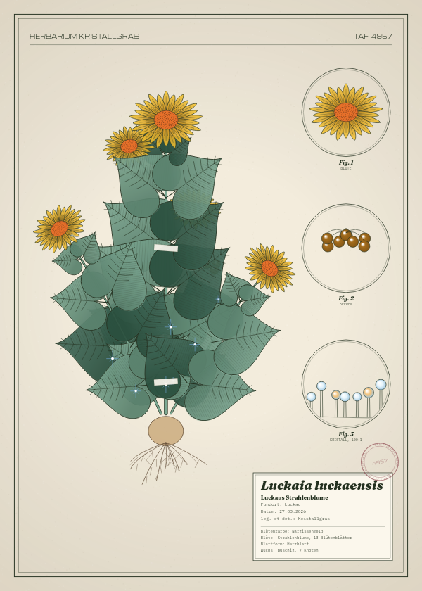 Botanische Tafel: Luckaia luckaensis, eine erfundene Pflanze aus Luckau, gezeichnet wie in einem alten Pflanzenatlas