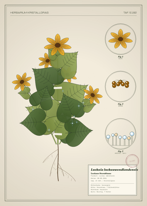 Botanische Tafel: Luckaia luckauwendlandensis, eine erfundene Pflanze aus Luckau (Wendland), gezeichnet wie in einem alten Pflanzenatlas