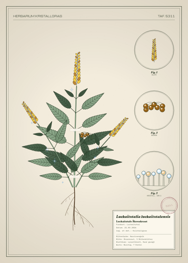Botanische Tafel: Luckaitztalia luckaitztalensis, eine erfundene Pflanze aus Luckaitztal, gezeichnet wie in einem alten Pflanzenatlas