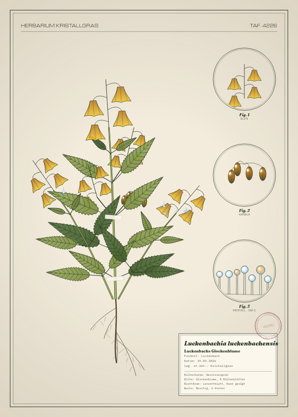 Botanische Tafel: Luckenbachia luckenbachensis, eine erfundene Pflanze aus Luckenbach, gezeichnet wie in einem alten Pflanzenatlas