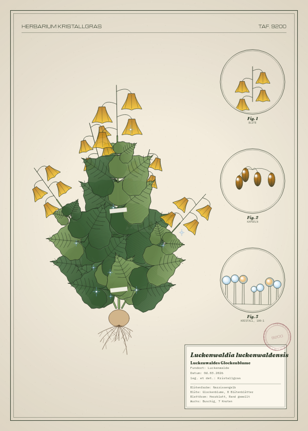 Botanische Tafel: Luckenwaldia luckenwaldensis, eine erfundene Pflanze aus Luckenwalde, gezeichnet wie in einem alten Pflanzenatlas