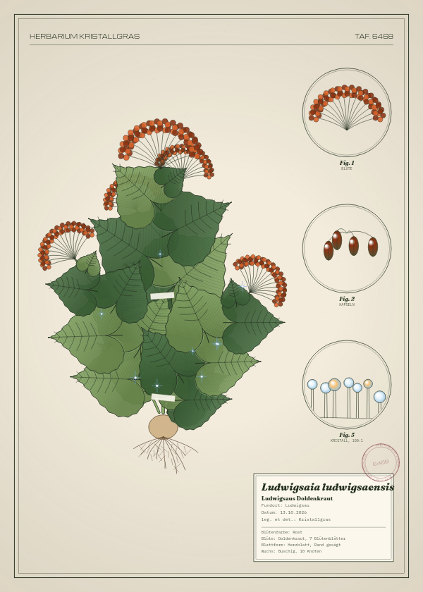 Botanische Tafel: Ludwigsaia ludwigsaensis, eine erfundene Pflanze aus Ludwigsau, gezeichnet wie in einem alten Pflanzenatlas