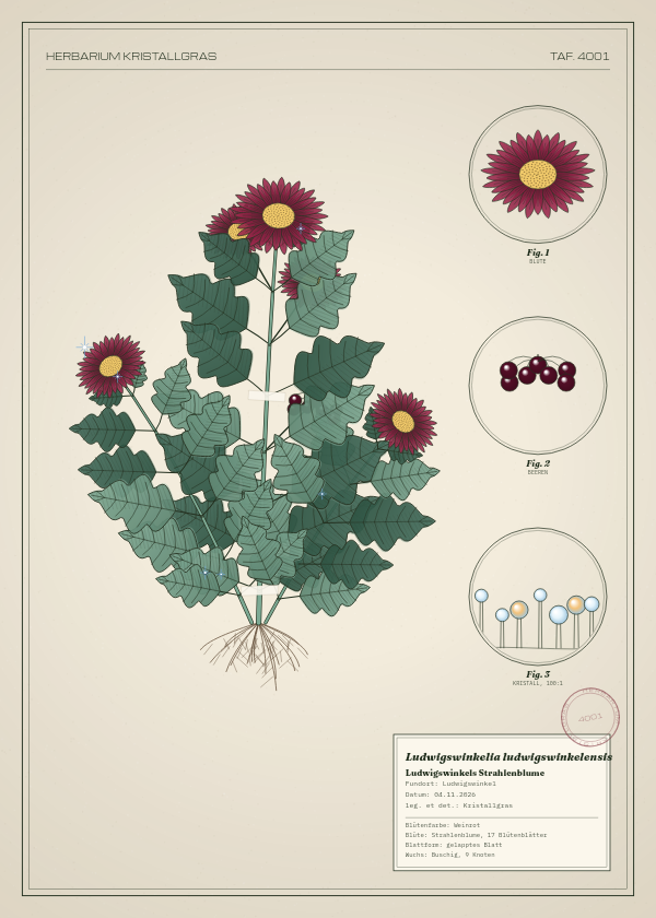 Botanische Tafel: Ludwigswinkelia ludwigswinkelensis, eine erfundene Pflanze aus Ludwigswinkel, gezeichnet wie in einem alten Pflanzenatlas