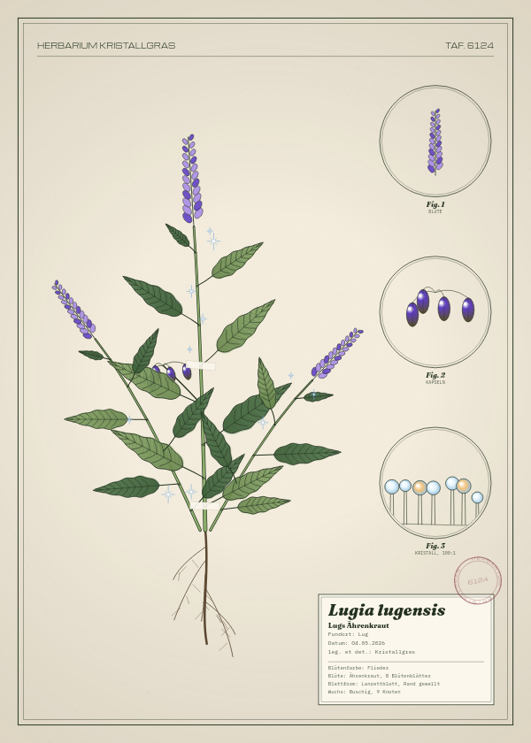 Botanische Tafel: Lugia lugensis, eine erfundene Pflanze aus Lug, gezeichnet wie in einem alten Pflanzenatlas