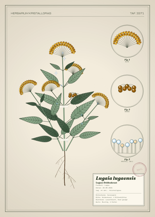 Botanische Tafel: Lugaia lugaensis, eine erfundene Pflanze aus Lugau, gezeichnet wie in einem alten Pflanzenatlas