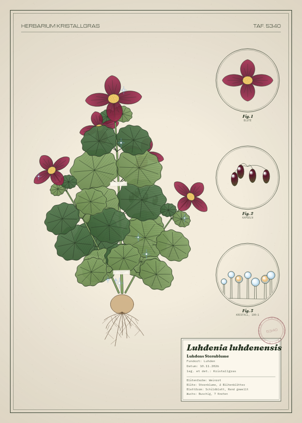 Botanische Tafel: Luhdenia luhdenensis, eine erfundene Pflanze aus Luhden, gezeichnet wie in einem alten Pflanzenatlas