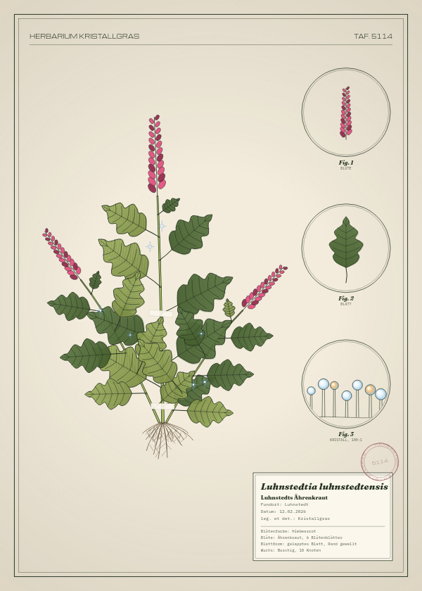 Botanische Tafel: Luhnstedtia luhnstedtensis, eine erfundene Pflanze aus Luhnstedt, gezeichnet wie in einem alten Pflanzenatlas