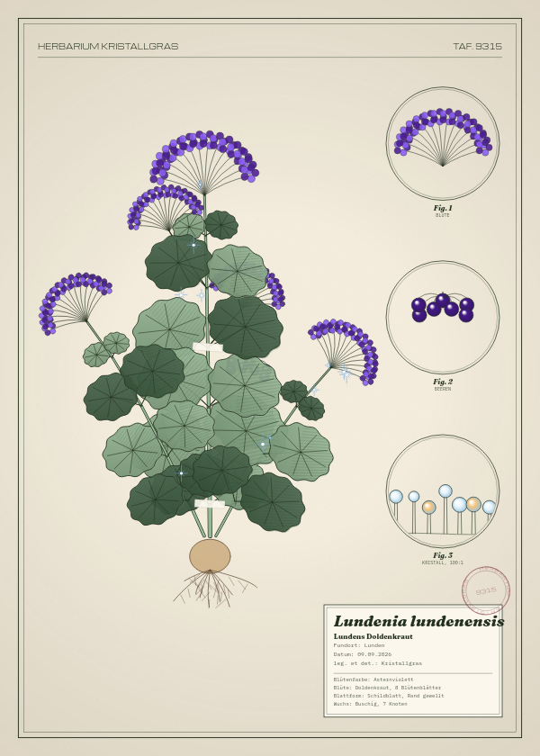 Botanische Tafel: Lundenia lundenensis, eine erfundene Pflanze aus Lunden, gezeichnet wie in einem alten Pflanzenatlas