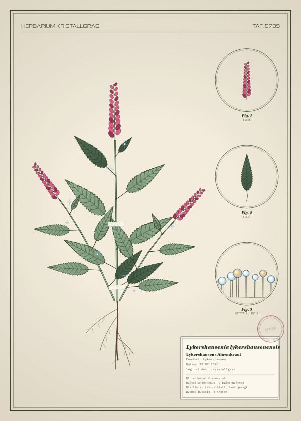 Botanische Tafel: Lykershausenia lykershausenensis, eine erfundene Pflanze aus Lykershausen, gezeichnet wie in einem alten Pflanzenatlas