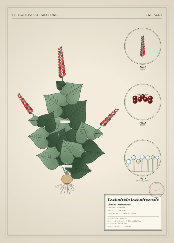 Botanische Tafel: Loebnitzia loebnitzensis, eine erfundene Pflanze aus Löbnitz, gezeichnet wie in einem alten Pflanzenatlas