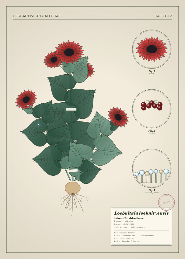 Botanische Tafel: Loebnitzia loebnitzensis, eine erfundene Pflanze aus Löbnitz, gezeichnet wie in einem alten Pflanzenatlas