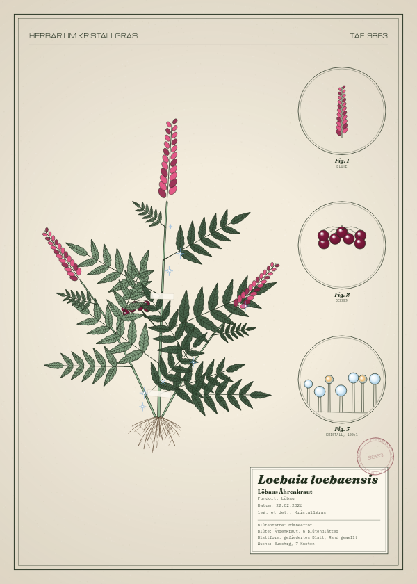 Botanische Tafel: Loebaia loebaensis, eine erfundene Pflanze aus Löbau, gezeichnet wie in einem alten Pflanzenatlas