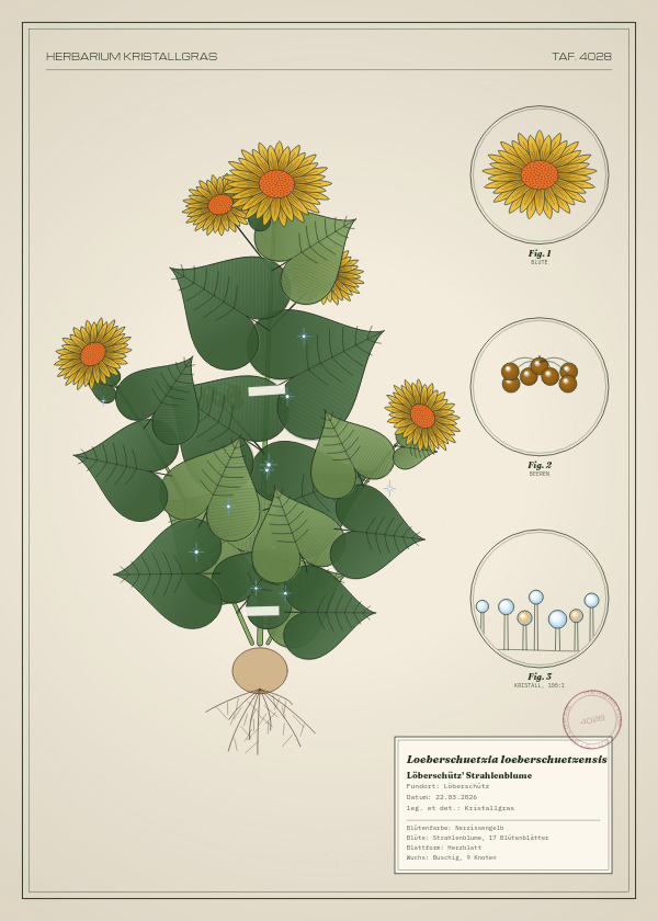 Botanische Tafel: Loeberschuetzia loeberschuetzensis, eine erfundene Pflanze aus Löberschütz, gezeichnet wie in einem alten Pflanzenatlas