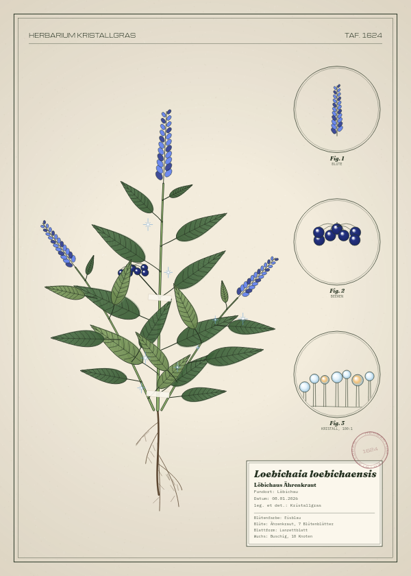 Botanische Tafel: Loebichaia loebichaensis, eine erfundene Pflanze aus Löbichau, gezeichnet wie in einem alten Pflanzenatlas