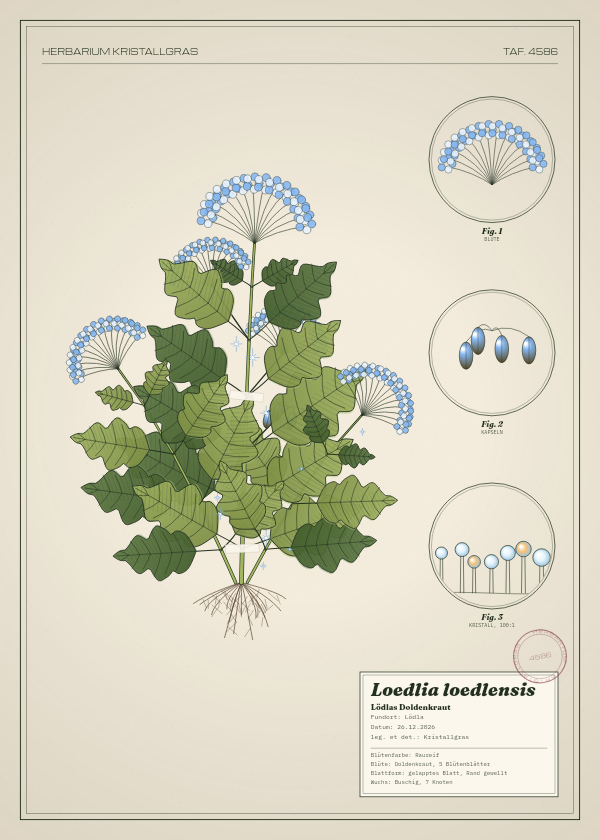 Botanische Tafel: Loedlia loedlensis, eine erfundene Pflanze aus Lödla, gezeichnet wie in einem alten Pflanzenatlas