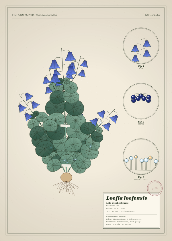 Botanische Tafel: Loefia loefensis, eine erfundene Pflanze aus Löf, gezeichnet wie in einem alten Pflanzenatlas