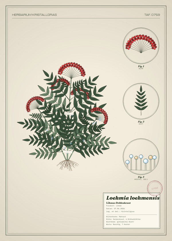 Botanische Tafel: Loehmia loehmensis, eine erfundene Pflanze aus Löhma, gezeichnet wie in einem alten Pflanzenatlas