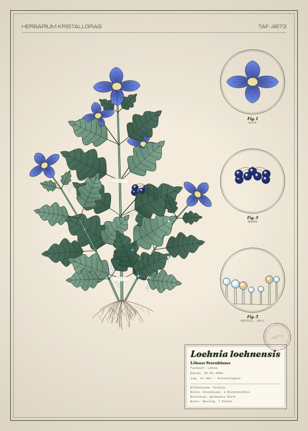 Botanische Tafel: Loehnia loehnensis, eine erfundene Pflanze aus Löhne, gezeichnet wie in einem alten Pflanzenatlas