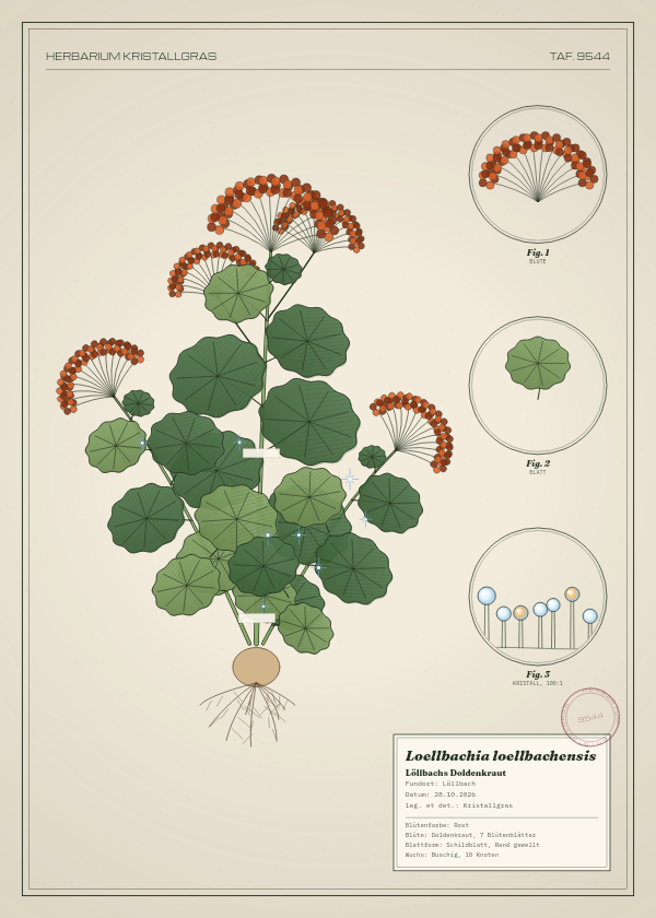 Botanische Tafel: Loellbachia loellbachensis, eine erfundene Pflanze aus Löllbach, gezeichnet wie in einem alten Pflanzenatlas