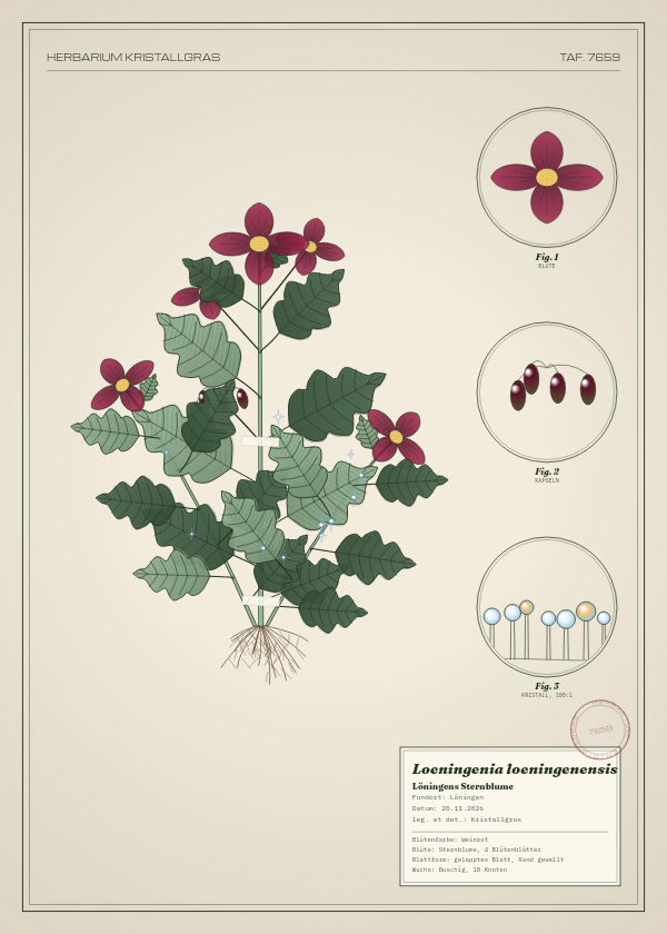 Botanische Tafel: Loeningenia loeningenensis, eine erfundene Pflanze aus Löningen, gezeichnet wie in einem alten Pflanzenatlas