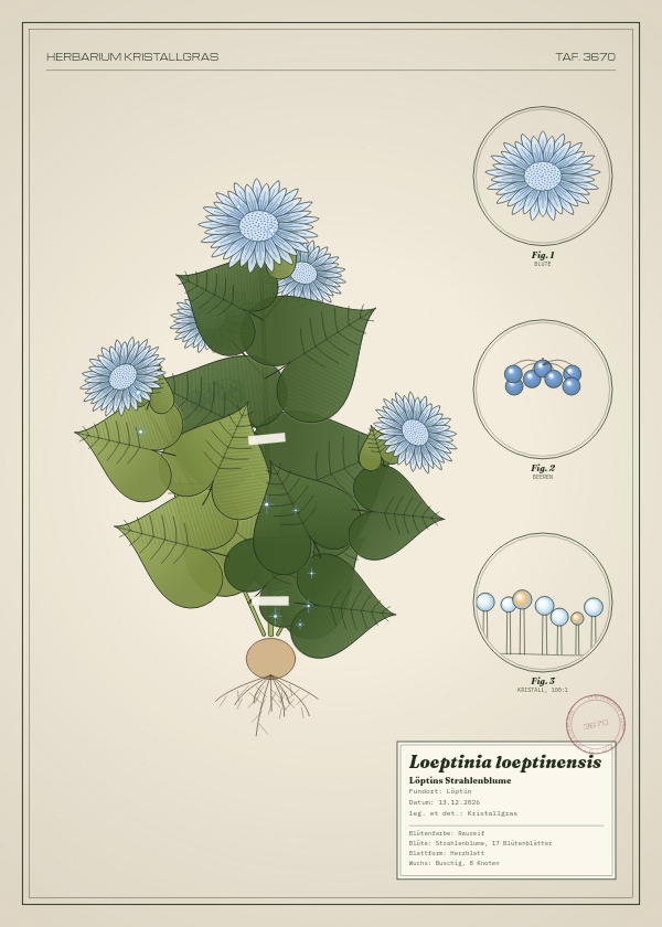 Botanische Tafel: Loeptinia loeptinensis, eine erfundene Pflanze aus Löptin, gezeichnet wie in einem alten Pflanzenatlas