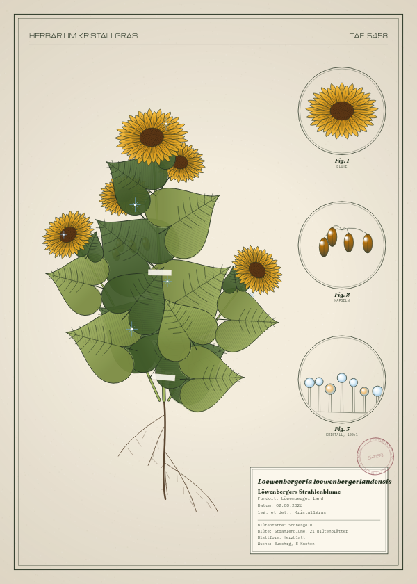 Botanische Tafel: Loewenbergeria loewenbergerlandensis, eine erfundene Pflanze aus Löwenberger Land, gezeichnet wie in einem alten Pflanzenatlas