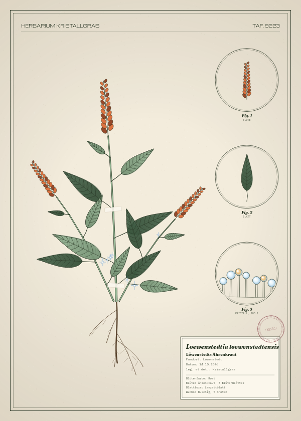 Botanische Tafel: Loewenstedtia loewenstedtensis, eine erfundene Pflanze aus Löwenstedt, gezeichnet wie in einem alten Pflanzenatlas