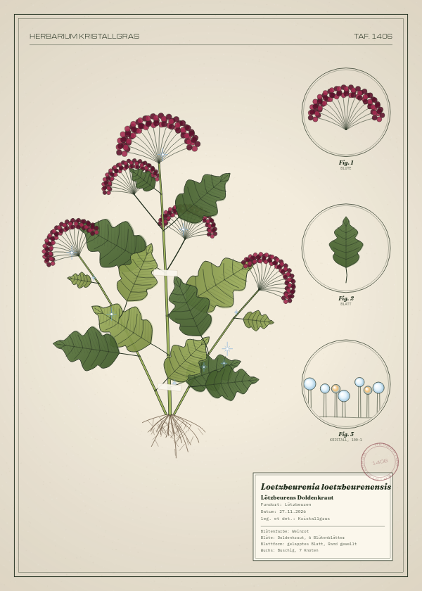 Botanische Tafel: Loetzbeurenia loetzbeurenensis, eine erfundene Pflanze aus Lötzbeuren, gezeichnet wie in einem alten Pflanzenatlas