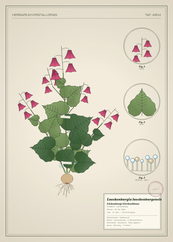 Botanische Tafel: Lueckenburgia lueckenburgensis, eine erfundene Pflanze aus Lückenburg, gezeichnet wie in einem alten Pflanzenatlas