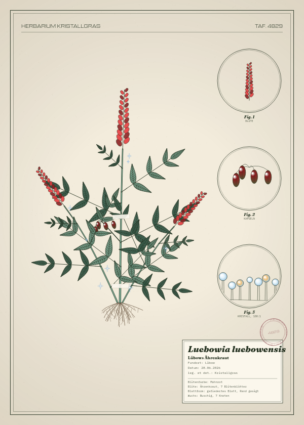 Botanische Tafel: Luebowia luebowensis, eine erfundene Pflanze aus Lübow, gezeichnet wie in einem alten Pflanzenatlas