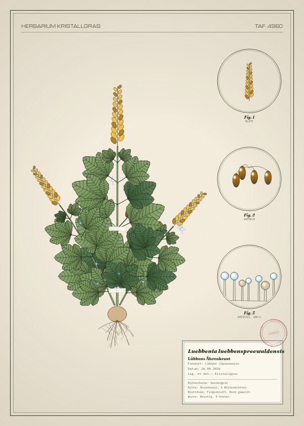 Botanische Tafel: Luebbenia luebbenspreewaldensis, eine erfundene Pflanze aus Lübben (Spreewald), gezeichnet wie in einem alten Pflanzenatlas