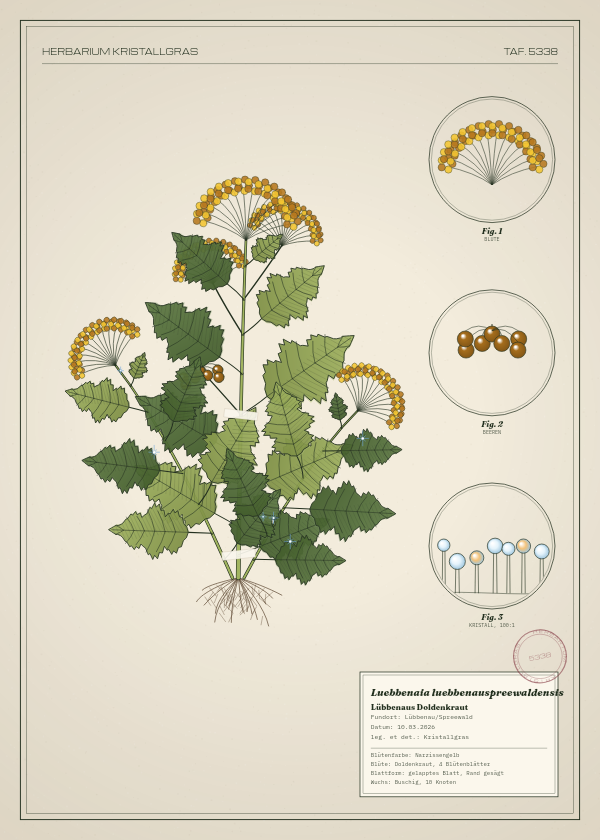 Botanische Tafel: Luebbenaia luebbenauspreewaldensis, eine erfundene Pflanze aus Lübbenau/Spreewald, gezeichnet wie in einem alten Pflanzenatlas