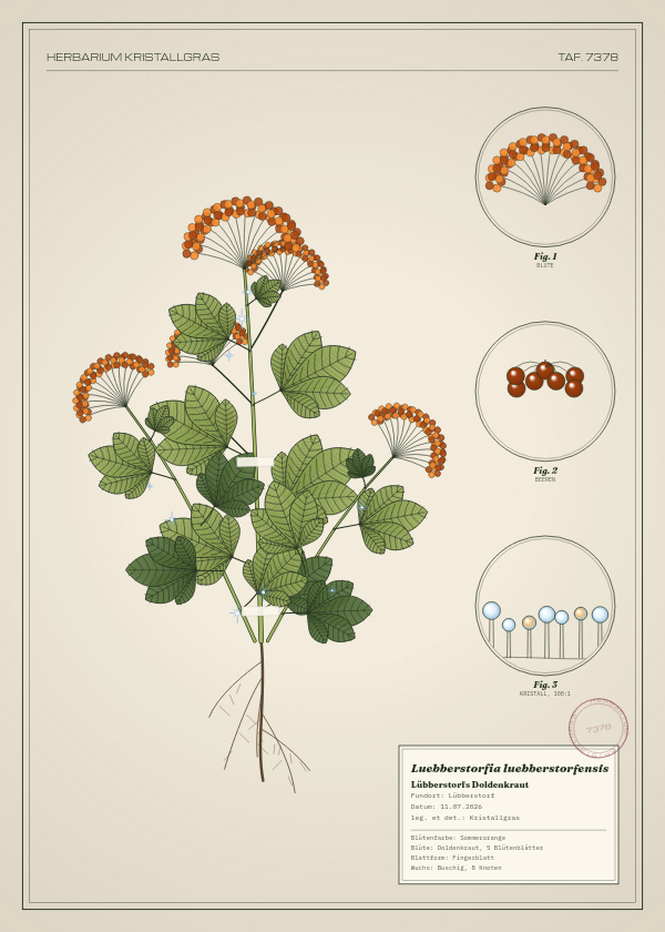 Botanische Tafel: Luebberstorfia luebberstorfensis, eine erfundene Pflanze aus Lübberstorf, gezeichnet wie in einem alten Pflanzenatlas
