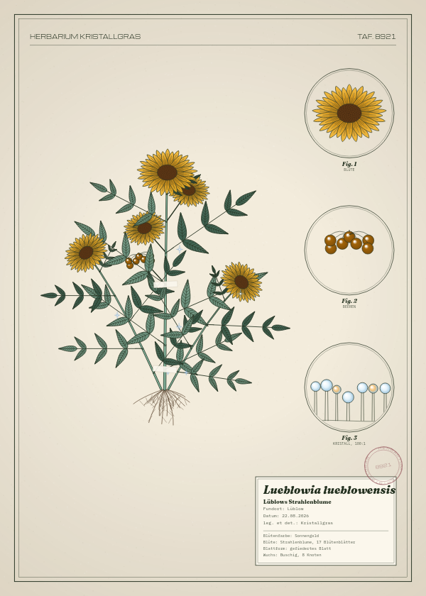 Botanische Tafel: Lueblowia lueblowensis, eine erfundene Pflanze aus Lüblow, gezeichnet wie in einem alten Pflanzenatlas