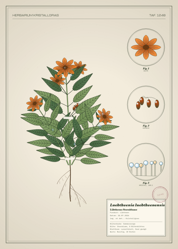 Botanische Tafel: Luebtheenia luebtheenensis, eine erfundene Pflanze aus Lübtheen, gezeichnet wie in einem alten Pflanzenatlas