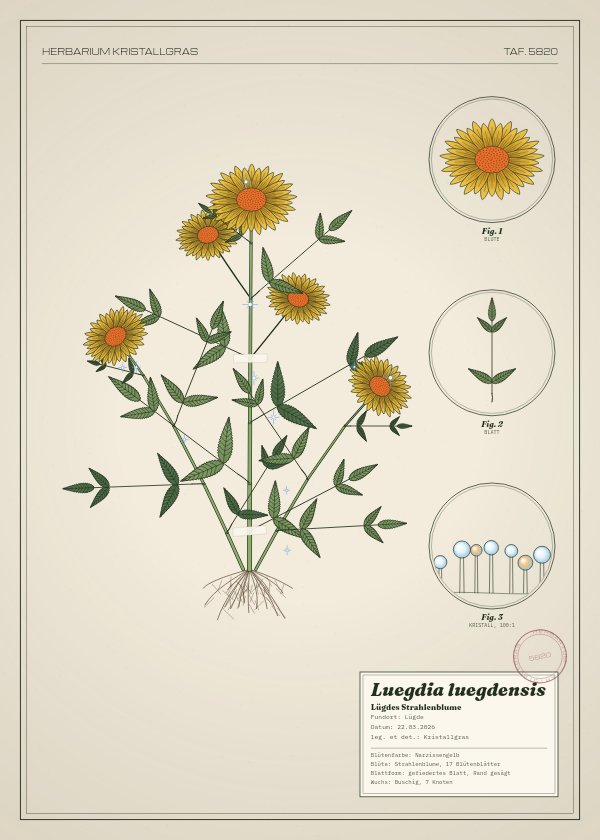 Botanische Tafel: Luegdia luegdensis, eine erfundene Pflanze aus Lügde, gezeichnet wie in einem alten Pflanzenatlas