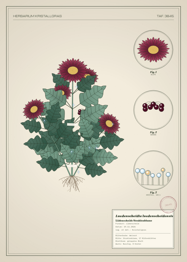 Botanische Tafel: Luedenscheidia luedenscheidensis, eine erfundene Pflanze aus Lüdenscheid, gezeichnet wie in einem alten Pflanzenatlas