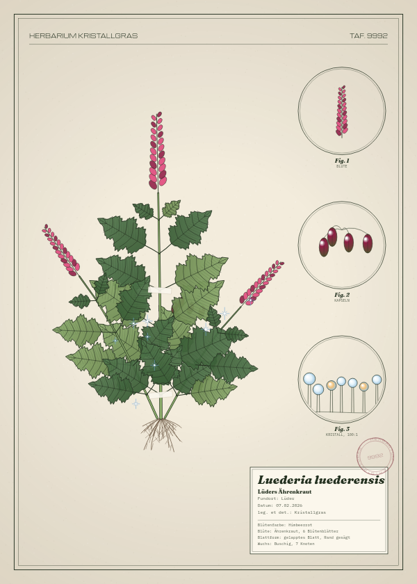 Botanische Tafel: Luederia luederensis, eine erfundene Pflanze aus Lüder, gezeichnet wie in einem alten Pflanzenatlas