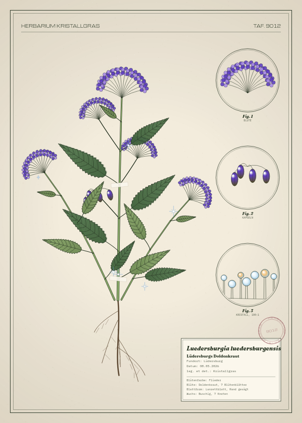 Botanische Tafel: Luedersburgia luedersburgensis, eine erfundene Pflanze aus Lüdersburg, gezeichnet wie in einem alten Pflanzenatlas