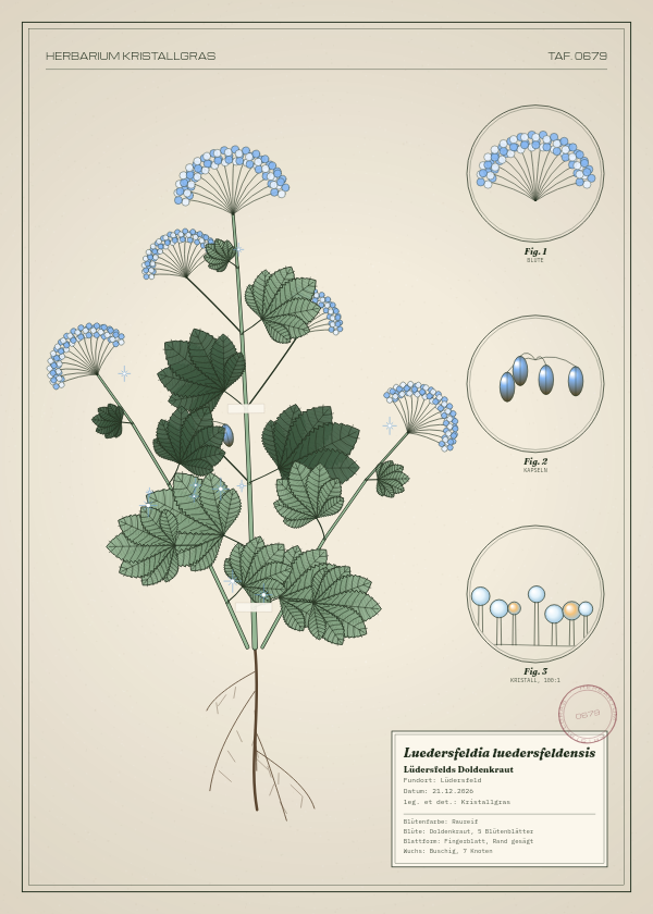 Botanische Tafel: Luedersfeldia luedersfeldensis, eine erfundene Pflanze aus Lüdersfeld, gezeichnet wie in einem alten Pflanzenatlas