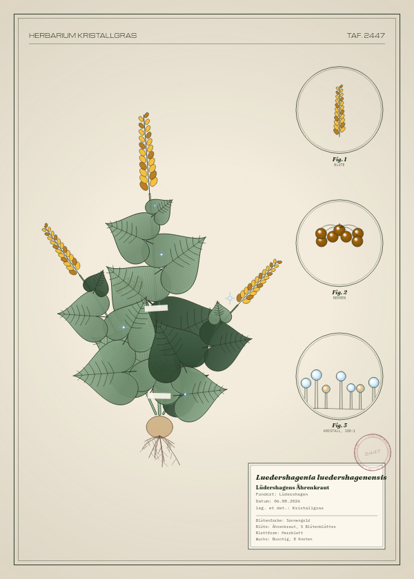Botanische Tafel: Luedershagenia luedershagenensis, eine erfundene Pflanze aus Lüdershagen, gezeichnet wie in einem alten Pflanzenatlas