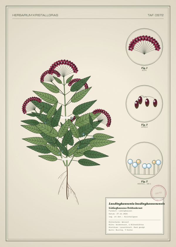 Botanische Tafel: Luedinghausenia luedinghausenensis, eine erfundene Pflanze aus Lüdinghausen, gezeichnet wie in einem alten Pflanzenatlas