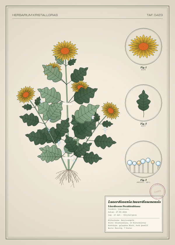 Botanische Tafel: Lueerdissenia lueerdissenensis, eine erfundene Pflanze aus Lüerdissen, gezeichnet wie in einem alten Pflanzenatlas