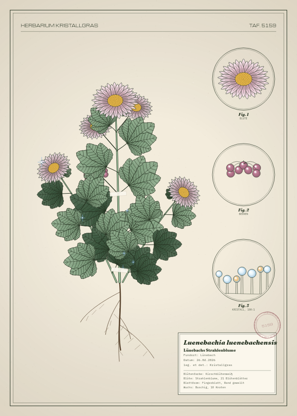 Botanische Tafel: Luenebachia luenebachensis, eine erfundene Pflanze aus Lünebach, gezeichnet wie in einem alten Pflanzenatlas